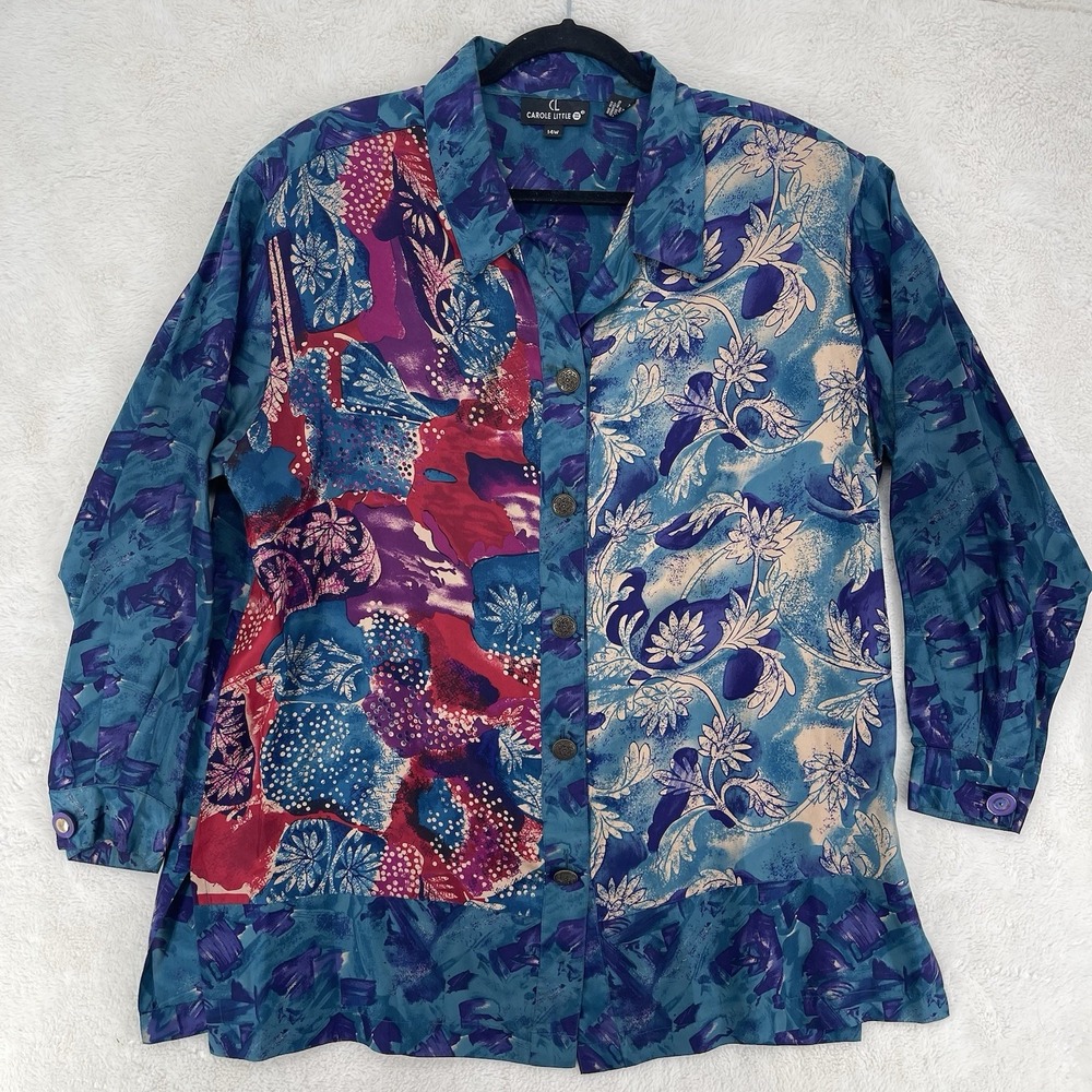 Carole Little Vibrant Art to Wear 100% Silk Blouse Lagenlook 14W XL VTG Tunic